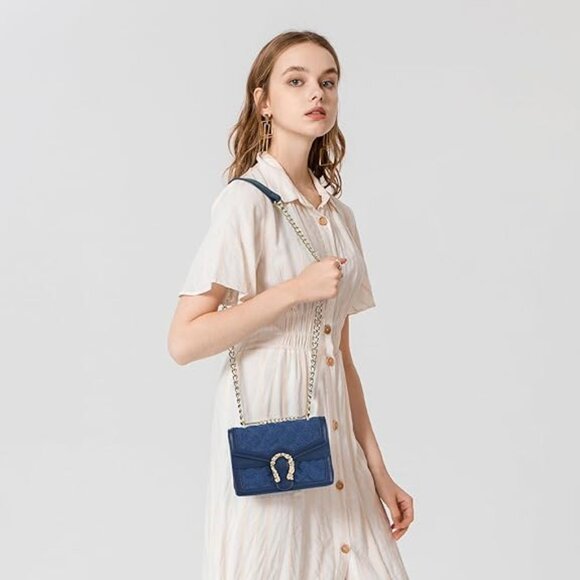 Neiman Marcus Satin Blue Croc-Embossed Horsebit Luxury Crossbody bag - Picture 5 of 5